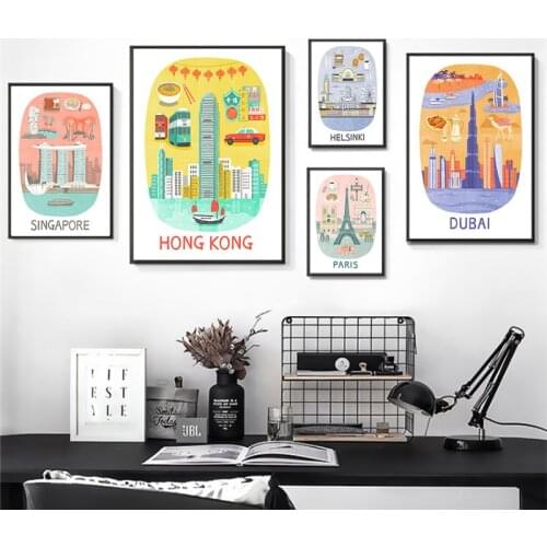 Hong Kong Dubai Helsinki Singapore Paris Travel Canvas Painting wall art Posters Coated for home Decor Family Gift