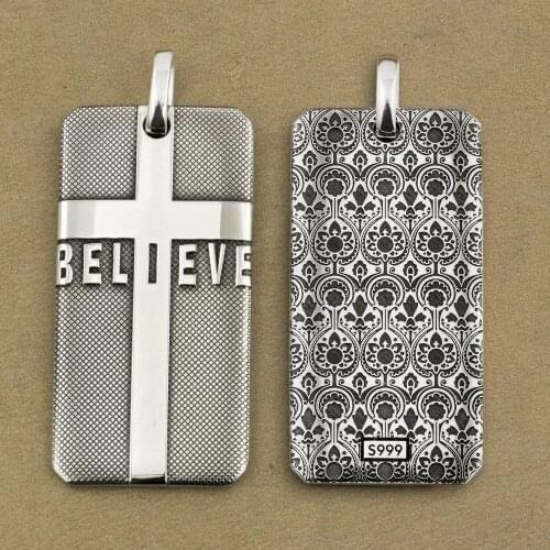 LINSION 999 Pure Silver Cross BELIEVE DogTag Mens Biker Pendant 9X023S Large Size Just Pendant