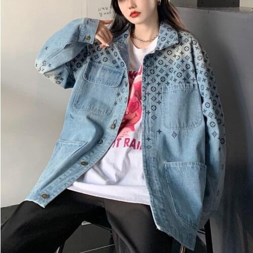 Fashionable Print Girls Streetwear Casual Loose Basic Denim Jacket Women Autumn Long Sleeve Pockets Jeans Coats Jackets Harajuku