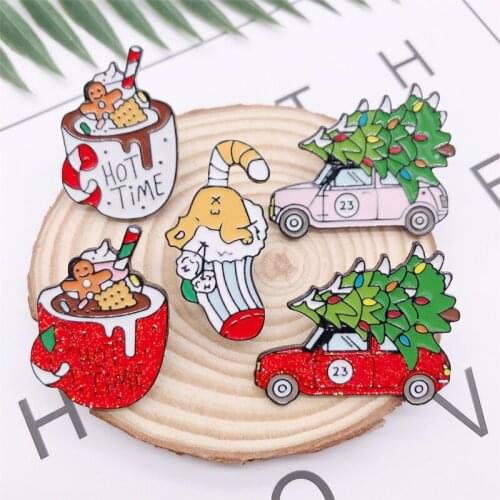 Cartoon Christmas Gift Tree Car Cup Sock Coffee Enamel Brooch Alloy Badge Denim Clothes Backpack Pin Cute Sweet Woman Jewelry