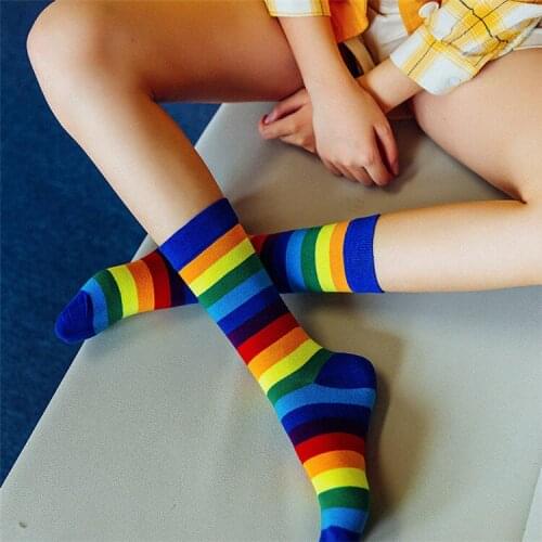 Rainbow Socks Women Coloful Sweet Mid Tube Cotton Socks Stripes Fashion Chic Hip Hop Female Casual Socks