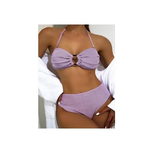 Newest arrival Women’s Sexy Two Piece Bikini Suits Fashion Solid Color Ring Halter Tops and High Waist Thong