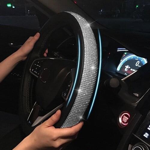 Car crystal rhinestone leather steering wheel cap steering wheel cover car interior accessories female girl