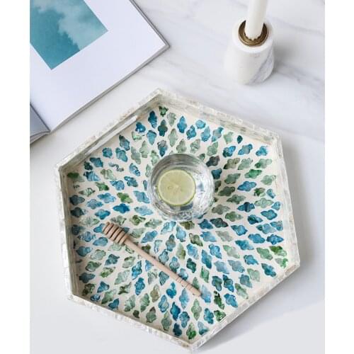 Shell + MDF tea tray household fruit tray desktop decoration shell decoration tray european cosmetic storage tray hexagon plate