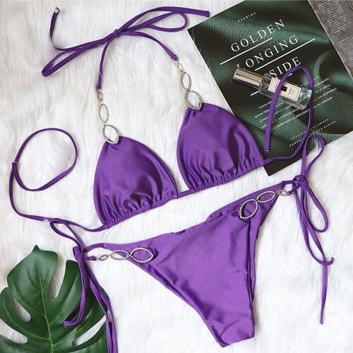 Sexy Rhinestone Bikini 2021 Women Solid Purple Hollow Out Metal Chain Swimsuit Summer Brazilian Bathing Suit Thong Swimwear