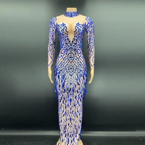 Blue Rhinestone Sequin Fringe Spandex Long Dress Birthday Celebrate Show Dress Women Dancer Singer Prom Party Dress