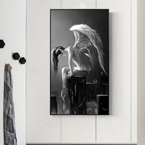 Modern Angel Wings Black And White Anime Poster Canvas Painting for Living Room Girl Room Kids Room Home Decor Wall Art Picture