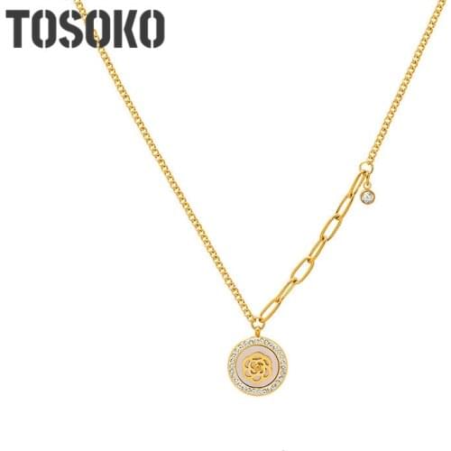 TOSOKO Stainless Steel Jewelry Rose Shell Zircon Necklace Womens Fashion Elegant Clavicle Chain BSP967