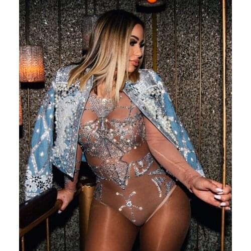 Silver Crystals Mash Leotard Big Stretch Outfit Celebrate Female Singer Dj Perspective Bodysuit Rhinestones Costume Sexy Clothes