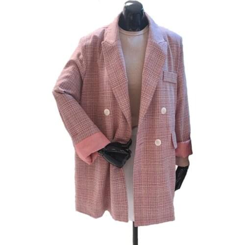 Spring new fashion long paragraph wild loose thin plaid small suit pink suit jacket female plaid blazer