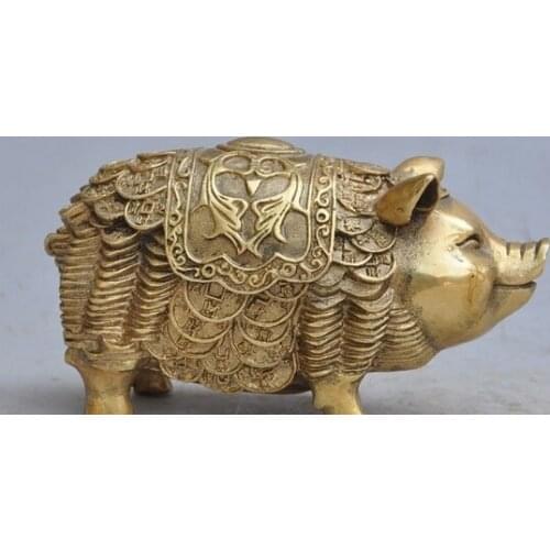 Free Shipping 15.5cmm 6" Japanese bronze copper wealth money lucky Auspicious pigs animal beast statue