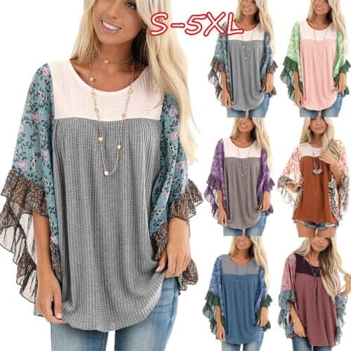 Yvlvol 2021 Spring and summer women t-shirts blouse bat sleeve print color block waffle women tops