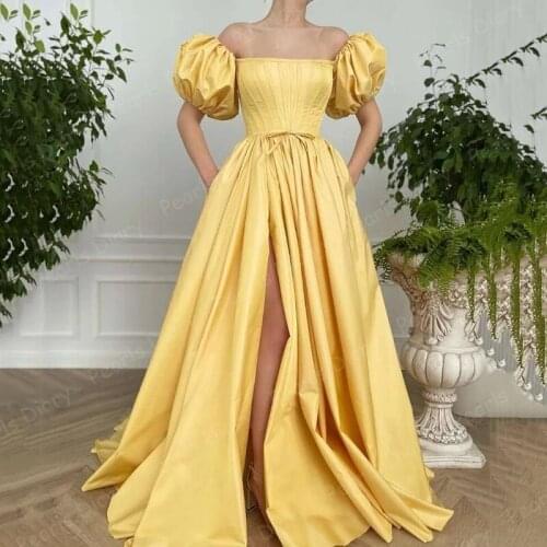 Yellow Long Formal Evening Dresses Short Puff Sleeves Boning Top Side Slit Satin Plus Size Prom Gowns 2021