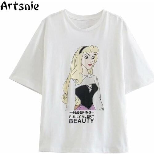 Artsnie Alice Cartoon Disney T Shirt Women Summer 2021 O Neck Short Sleeve Tops Streetwear White Knitted Ladies T-shirts Femme