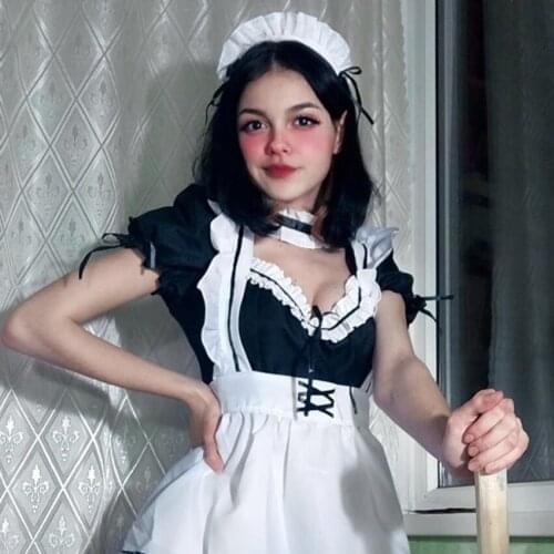 Halloween Costumes Women Japanese Anime Black White Lolita Cute Dress Maid Pajamas Sexy Cosplay Plus Size Sleepwear Nightown