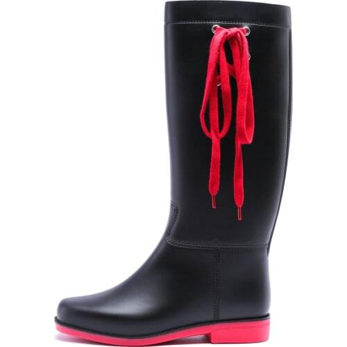 04-191TONGPU Flat Heel Womens Tall Rain Boots with Side Lace