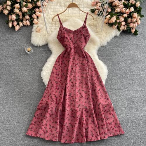 WIGADFHK Casual Printed Floral Sling Dress Feminine V-neck Sleeveless High Waist Mid-length Dress Women 2021 New