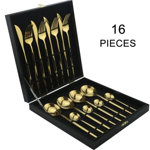 16Pcs Cutlery Set 304 Stainless Steel Dinnerware Knife Fork Spoon Flatware Mirror Silverware Set Tableware With Black Gife Box