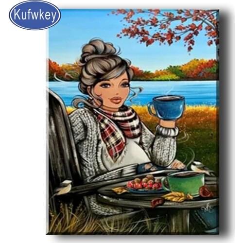 Kufwkey Diamond Painting full square round drill Fat Girl Have afternoon tea diamond mosaic diamond embroidery Cartoon Woman