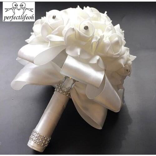 Perfectlifeoh Wedding Bouquet Wedding Bridal bouquet White Satin Romantic