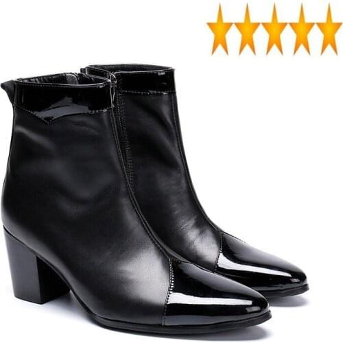 Heel High Fashion Mens Genuine Men Zipper Ankle Boots Brand Luxury Black Spliced Patent Leather Male Work Shoes