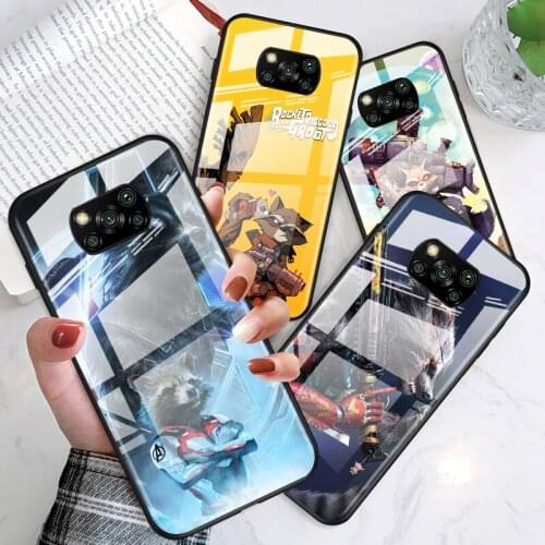 Rocket Racoon Marvel cute for Xiaomi POCO X3 NFC F3 M2 X2 F2 Redmi K30 Redmi Note 9 Pro Luxury Tempered Glass Phone Case Cover