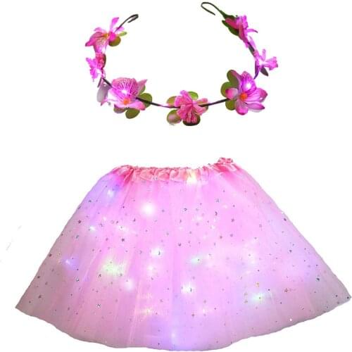 Kids Girl Women LED Glow Light Up Princess Tutu Skirt Children Flower Wreath Fancy Dress Wedding Birthday Party Costume Cosplay