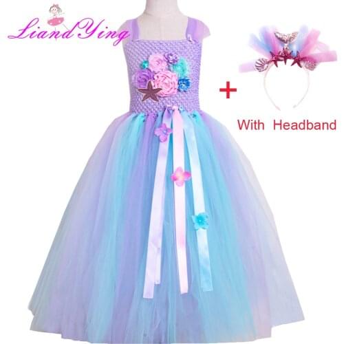 Girls Pastel Mermaid Flower Tutu Dress Kids Crochet Tulle Strap Dress Ball Gown with Ribbons Children Party Costume Dress