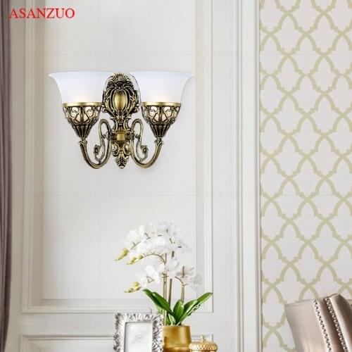 European style wall lamp glass lampshade bedside lamp aisle single and double head wall lamp retro hotel wall lamp E27
