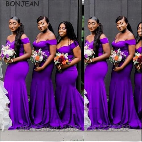 Purple Bridesmaid Dresses Mermaid 2021 Off-The-Shoulder Elastic Satin African Bridesmaid Dress Plus Size for Women Wedding