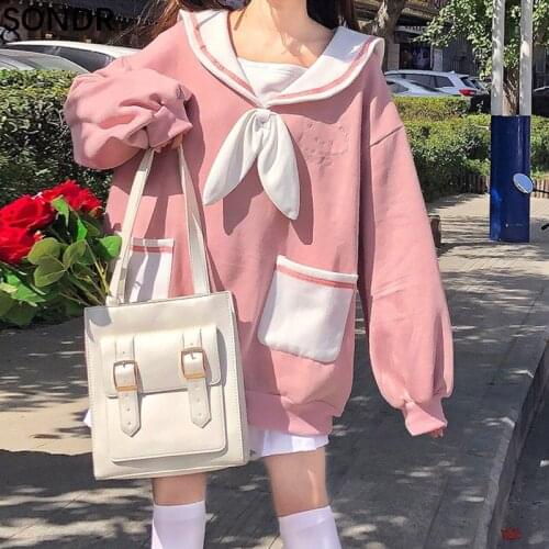 Kawaii Clothes Women Sweatshirt Autumn New Navy Collar Student Plus Velvet Long Sleeve Top Korean Harajuku Cute Oversized Hoodie