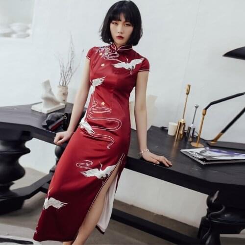 Chinese Oriental Dresses Women Vestido Cheongsam Qipao Slit Wine Japanese Print Red-Crowned Crane Japanese Yukata Kimono FF2083