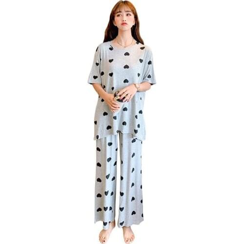 Sweet Pajamas Sets Autumn Thin Cotton Half Sleeve Women Long Pyjamas Suit Home Women Elastic Loose Female Sleepwear