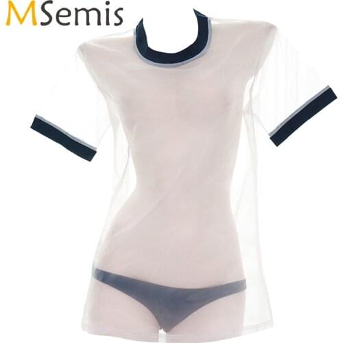 Womens Lingerie Set Outfits Nightwear O Neck Short Sleeve See-Through Tops with Low Rise Briefs Ladies Honeymoon Sexy Costume