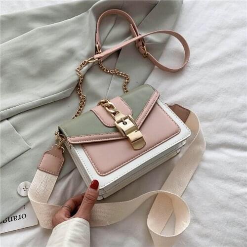 Contrast Fashion chain women bag Sling Panelled color PU Leather Crossbody Handbag Simple Shoulder Messenger Bag Ladies