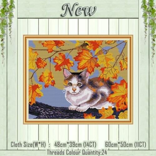 Cat and maple cute animal home decor painting counted print on canvas DMC 14CT 11CT Cross Stitch Needlework Sets Embroidery kits