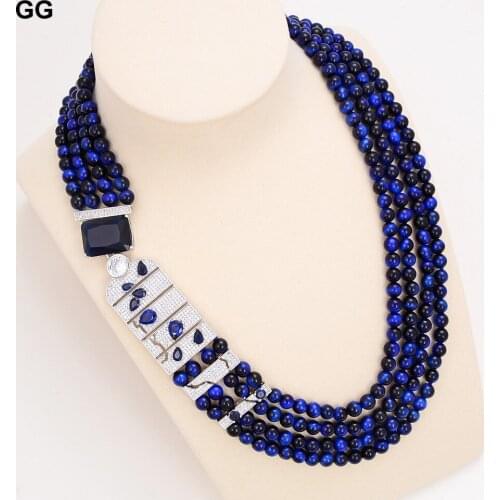 JK 20" Round Natural Blue Tigers-Eye Necklace CZ Pave Connector