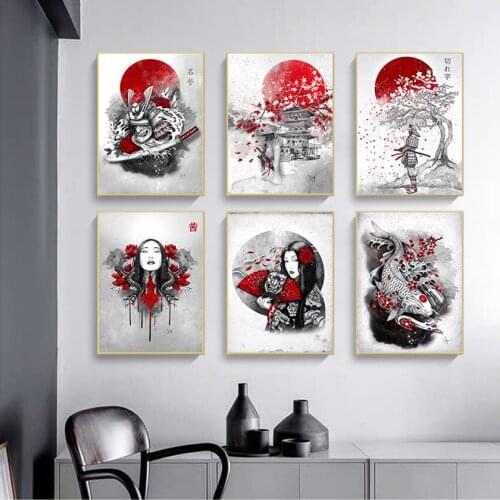 Hot Japanese Zen Ink Bonsa Bushido Samurai Kanji Canvas Art Oil Painting Poster Prints Wall Pictures for Home Living Room Decor