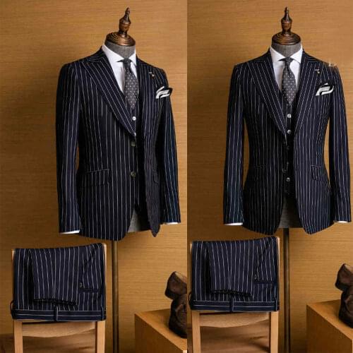 Mens Striped 3 Pieces Suits Peaked Lapel Groom Wedding Tuxedos Slim Fit Office Party Formal Suit Custom Made