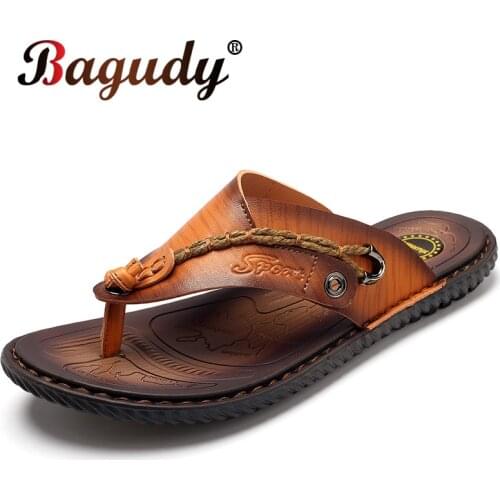 Mens Leather Slippers Summer Outdoor Beach Flip Flops Men Slippers Moccasins Casual Shoes Non-slip Comfortable Mens Slippers