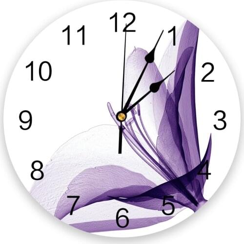 Purple Flower Bloom Petal Art Print Wall Clock Wall Art Silent Non ticking Round Wall Watch for Home Decortaion Best Gift