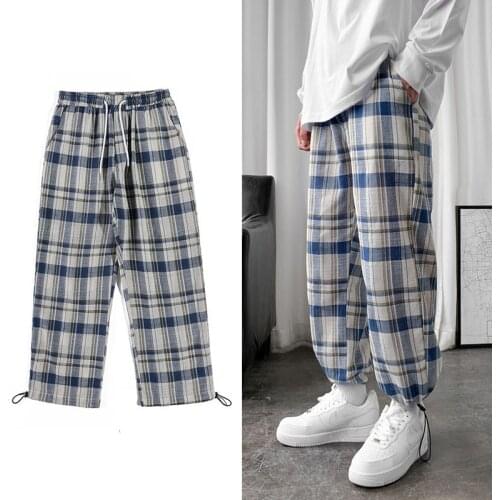 Autumn Cotton Plaid Pants Mens Fashion Retro Casual Pants Men Streetwear Wild Loose Drawstring Straight Trousers Mens M-3XL