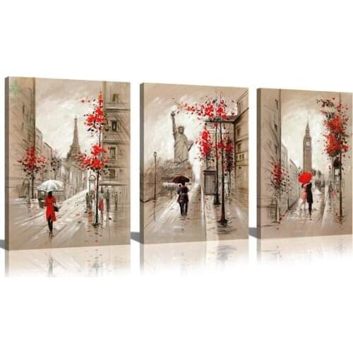 Paris Street Eiffel Tower Oil Painting Romantic Couple Walking In Rain New York Wall Art For Living Room Decoration