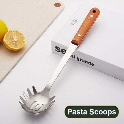 Pasta Scoops Thicken 304 Kitchen Stainless Steel Pasta Spaghetti Noodle Spoon Powder Claws Long Wooden Handle Kitchen Spoon