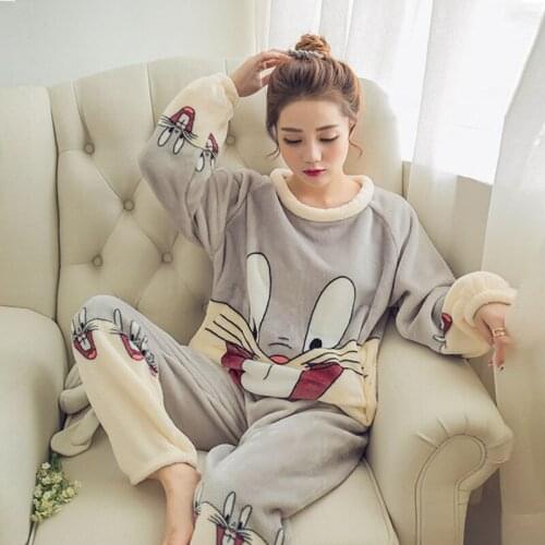 Winter Warm Flannel Women Pyjamas Sets Thick Coral Velvet Long Sleeve Cartoon Sleepwear Pink Panther Flannel Pajamas Set