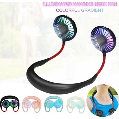ELOOLE Portable USB Rechargeable Neckband Sport Fan Lazy Neck Hanging Dual Cooling Fan LED Lamp Charging Ventilador Portátil