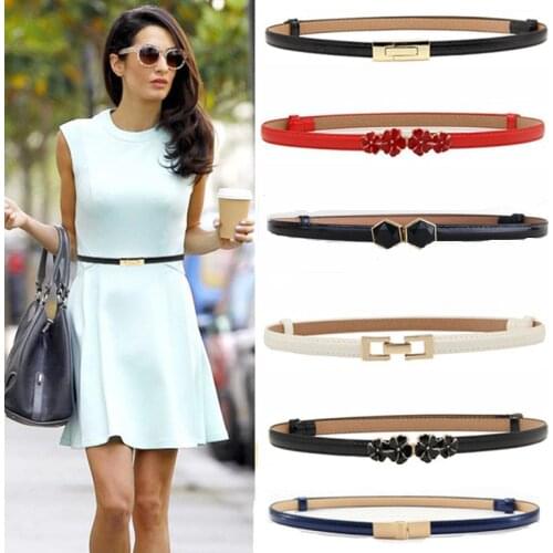 New design belts thin adjust belt PU leather black dress cummerbunds students women waistbands red flower buckle square gifts