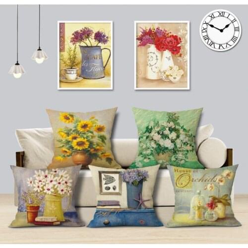 Romantic Love Flower Cushion Cover Sofa Chair Retro Vase Decorative Linen Pillow Cover Colorful Pillowcase Fresh Home Decor
