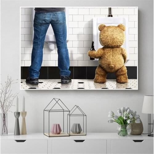 Self-adhesive Wall Stickers Funny Teddy Bear Man in Toilet Poster Nordic Humor Painting Minimalist Wall Art For Bathroom Decor