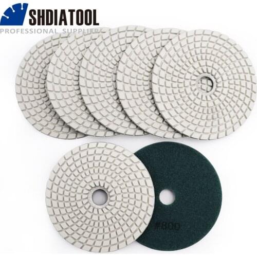 SHDIATOOL 7pcs 4" diamond wet flexible polishing pads B #800 100mm White bond sanding disc for granite stone marble